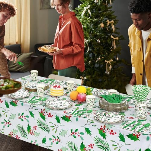 Funnymoom 452 Pcs Christmas Party Supplies for 50 Guest, Holly Berry Leaves Holiday Xmas Paper Plates Napkins Cups Tablecloth Cutlery Straws Disposable Tableware for Merry Christmas Party Decorations - Image 4