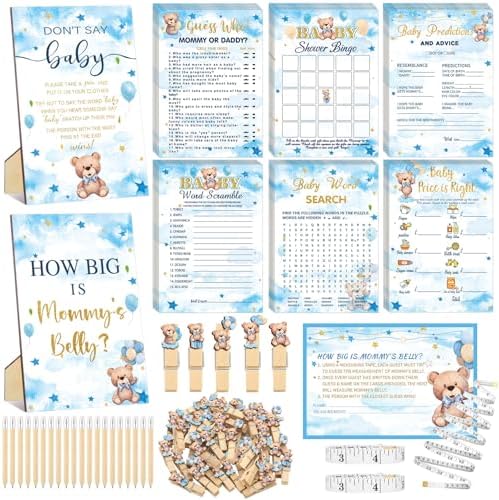 Funnymoom 426 Piece Blue Bear Baby Shower Games Set 8 Games for 50 Guests by Funnymoom
