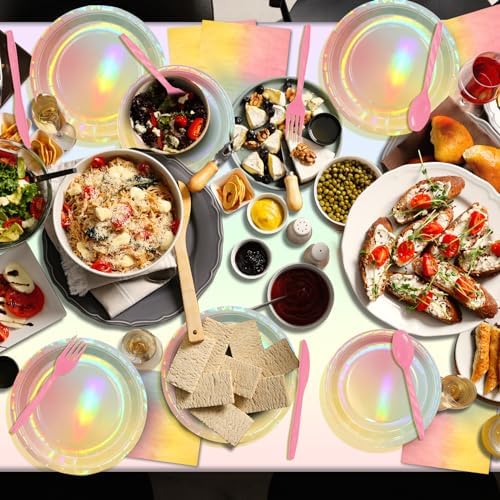 Iridescent Pastel Rainbow Party Decorations - Serve 50, Holographic Pastel Paper Plates and Napkins, Disposable Iridescent Rainbow Plates, Cups, Napkins for Girls Birthday, Wedding, Baby Shower - Image 6