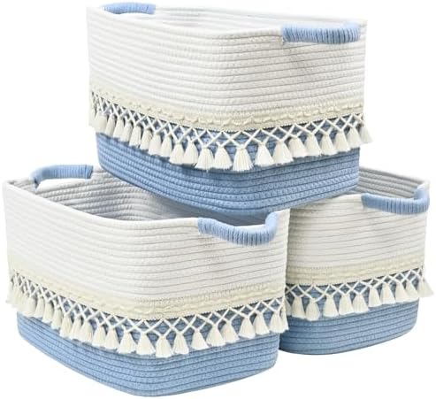 2 Pack Storage Basket, Heavy Tassel Woven Baskets for Storage, Boho Cotton Rope Storage Bin, Cube Organizer Bins, Baby Laundry Basket for Clothes, Toys, Diapers, Pets（White & Blue） by Degeyoyo