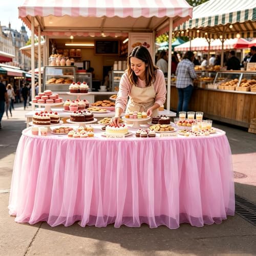 PARTISKY 12FT Long Pink Tulle Table Skirt for Rectangle Round Tables 3-Layer Ruffle Desk Teacher Skirt for Back to School Supplies Princess Girls Birthday Party Classroom Dorm Cake Dessert Decor - Image 3