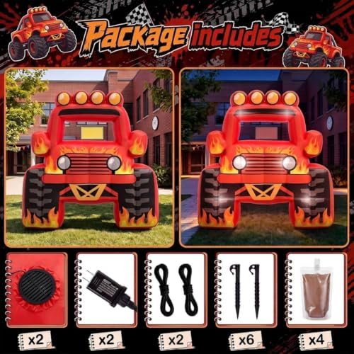 Junkin 6 x 5 FT Monster Truck Inflatable Photo Booth Frame with LED Lights, Giant Racing Truck Photo Prop, Birthday Party Decorations, Baby Shower Decor, Racing Theme Party Supplies(Flame,Red) - Image 3