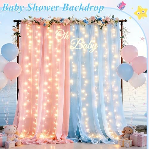 Ledido 10×10ft Pink Blue Tulle Backdrop Curtain with Light(4 Panels 5×8ft) - Image 5