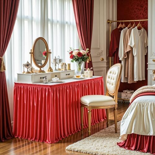 17ft Length Red Satin Table Skirt for Rectangle Tables, Wrinkle Resistant Pleated Ruffle Table Cloth Glitter Desk Skirting for Weddings Banquet Birthday Party Bridal Shower Decorations - Image 6