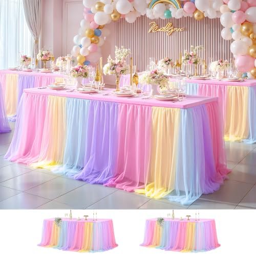 Wish Care 2 Pack Rainbow Tulle Tablecloth for 6 Foot Rectangle Tables Double Layer Tulle Tutu Skirt Unicorn Ruffle Pastel Table Cloth Stretch Fitted Table Covers for Girls Birthday Baby Shower Party by WishCare