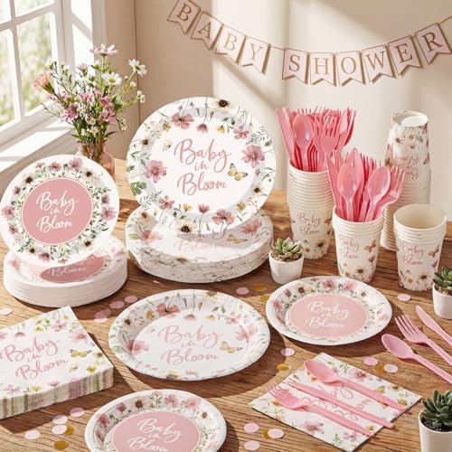 Funnymoom 400 Pcs Baby in Bloom Party Supplies for 50 Guests Pink Floral Baby Shower Paper Plates and Napkins Knives Spoon Fork Cup Disposable Wildflower Dinner Party for Spring Greenery Favor - Image 4