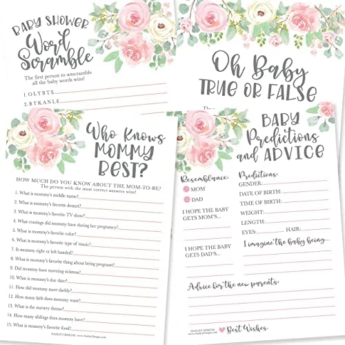 Hadley Designs 25 Floral Who Knows Mommy Best, Baby Prediction And Advice Cards, 25 Word Scramble, True Or False-4 Double Sided Cards, Gender Reveal Games for Baby Shower by HadleyDesigns