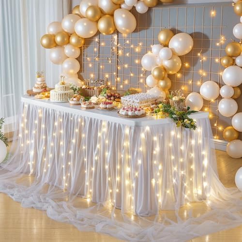 PARTISKY Gray Tulle Tutu Table Skirt for Rectangle Tables or Round Table,Led Light String Table Cloth for Wedding Baby Shower Birthday Party Dessert/Cake Tables - Image 3