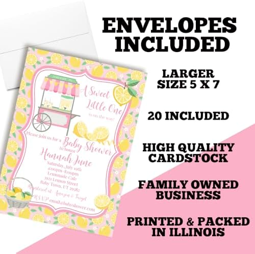 Custom Baby Shower Invites Pink Lemon Invitations for Girls, Pack of 20 5x7 Personalized Lemon Themed Invites with Envelopes - Unique Lemon Baby Shower Cards by AmandaCreation - Image 6