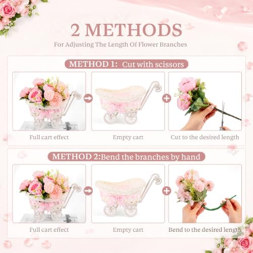 3 Pack Pink Rattan Baby Carriage Centerpieces Baby Shower with Bouquet - Image 5