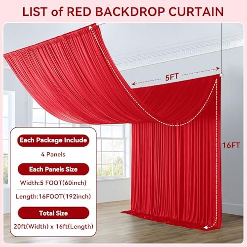 20x16ft Red Backdrop Curtain for Party, 4 Panels Wrinkle Free 16 Foot Long Polyester Photo Backdrop Drapes Photography Background for Wedding Birthday Gathing - Image 3