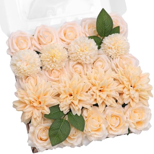 TINGE TIME 23pcs Artificial Wedding Flower Combo, Rose Dahlia Champagne by TINGETIME