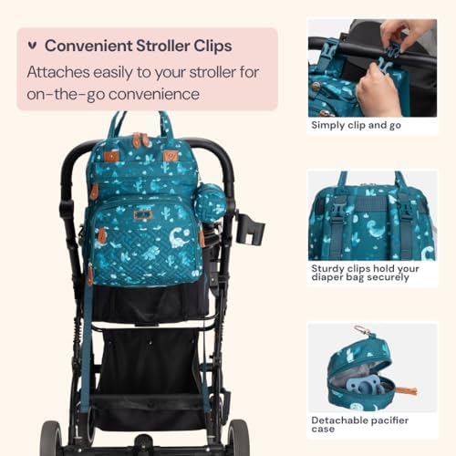 BabbleRoo Diaper Bag Backpack - Baby Essentials Travel Tote - Multi Function Water Resistant Diaper Bag, Travel Essentials Baby Bag with Changing Pad, Stroller Straps & Pacifier Case - Unisex, Dino - Image 6
