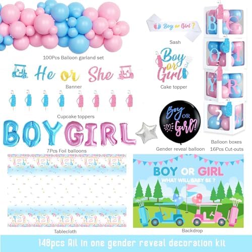 Golf Gender Reveal Decorations, Baby Boy or Girl Gender Reveal Party Decor, Golf Club Putters Backdrop Balloon Banner Tablecloth Box Sash for Caddie Be Gender Reveal Supplies - Image 2