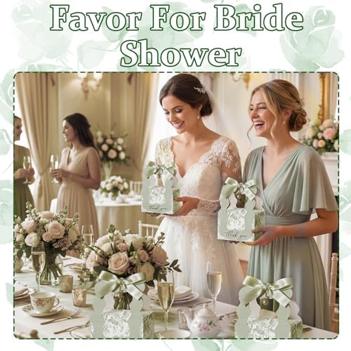 ForraFun 100 Sets Floral Wedding Favor Boxes with Pearl Pendant Bow, Green - Image 3