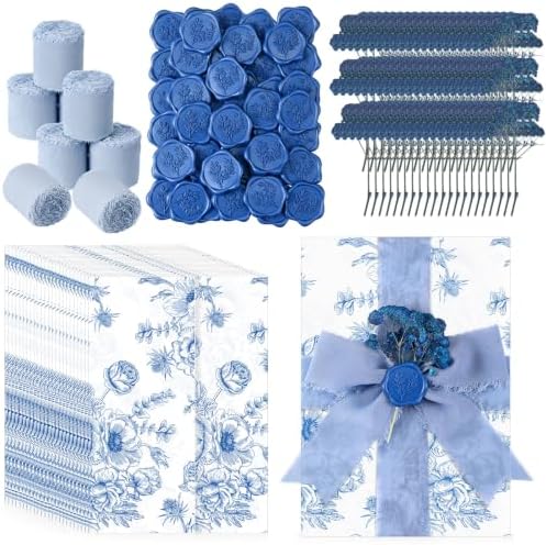 Fullhawl 50 Sets Wedding Invitations Wraps Set Pre Folded Vellum Jackets for 5 x 7 Invitations Dried Flowers Wax Seal Stickers Chiffon Silk Ribbon for Wedding Birthday Bridal Shower (Light Blue) by Fullhawl