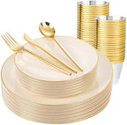 bUCLA 150PCS Ivory Plastic Plates with Gold Trim - Heavy Duty Cream Plastic Disposable for Party & Wedding - Include 25 Each（Dinner & Dessert） Plates, 25 Knives, 25 Forks, 25 Spoons & 25 Cups by BUCLA