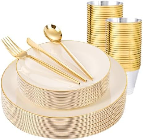 bUCLA 150PCS Ivory Plastic Plates with Gold Trim - Heavy Duty Cream Plastic Disposable for Party & Wedding - Include 25 Each（Dinner & Dessert） Plates, 25 Knives, 25 Forks, 25 Spoons & 25 Cups by BUCLA