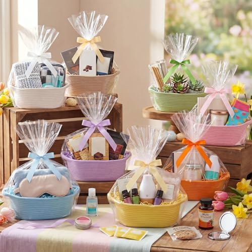 Hoolerry 8 Set Small Woven Gift Basket Empty with Bag Bow Raffia Pastel Cotton Rope Storage Box with Handle for Toy Storage Nursery Shelf Organizing Baby Shower Birthday Gift Basket, 12"x 8" x 5" - Image 2