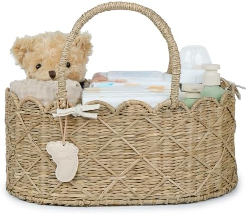 YANGQIHOME Diaper Caddy Organizer, Seagrass Nursery Baby Basket for Baby Essentials, Scalloped Wicker Diaper Caddy, Baby Shower Gifts (Diamond) by YANGQIHOME