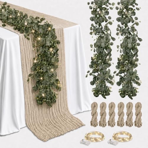 Cinrobiye 11pcs Cheesecloth Table Runner Set 120 Inch – Gauze Table Runner with Napkins, Eucalyptus Garland & String Lights for Wedding Baby Shower Table Decor, Rustic Boho by Cinrobiye