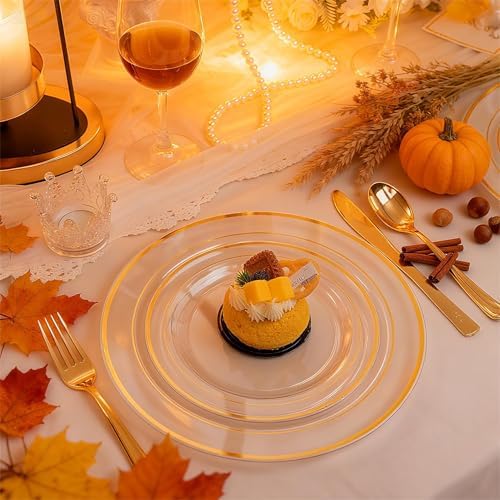 FLOWERCAT 100PCS Clear Plates with Gold Trim - Heavy Duty Clear and Gold Plastic Plate Disposable for Fall Party/Wedding Include 50PCS 10.25inch Dinner Plates - 50PCS 7.5inch Cake Plate - Image 3