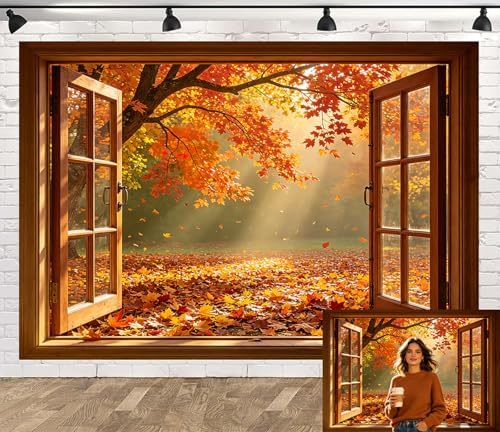 8x6FT Fall Window Backdrop, Autumn Forest Maple Leaves Photo Background by Unknown