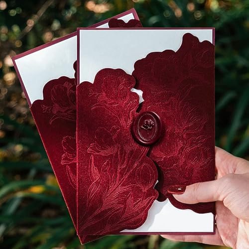 Burgundy Velvet Invitation Sleeve, Elegant Flower Jacket and Rose Wax Seals, Wedding Invitations Cover, fit 5x7 inch Cards (25pcs Velvet Sleeve + Wax Seal Only) - Image 4