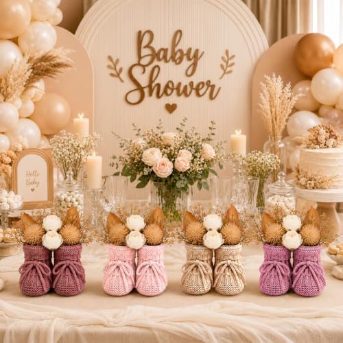gisgfim 4 Set Baby Shower Centerpieces with 8 Pcs Fabric Flowers Baby Shower Table Decorations Gender Reveal Party Supplies Knitted Infant Booties Bulk for Boy Girl Birthday Newbron Party Decoration - Image 2