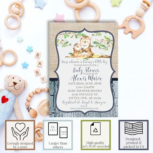 Amanda Creation Blue Watercolor Owl Baby Shower Invitations for Boys, Baby Shower Invitations with Owls, 20 Personalized 5x7 Double-Sided Cards with White Envelopes, Made in USA - Image 2
