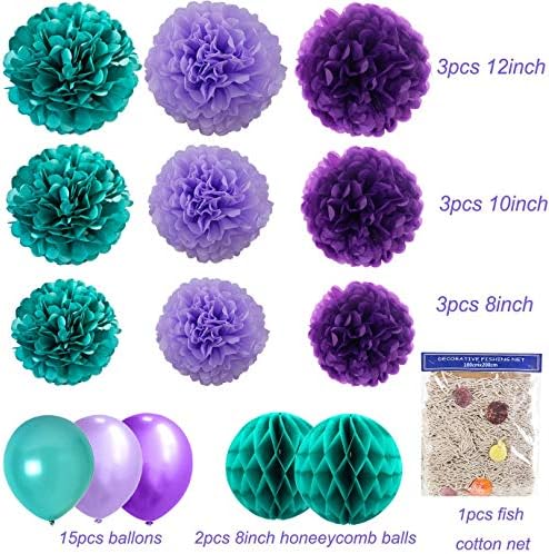 Kubert Mermaid Party Decorations/Under the Sea Party Teal Lavender Purple Tissue Paper Pom Pom Latex Balloons Fish Net with Shells and Mermaid Birthday Decor Baby Shower Decorations (White) - Image 2