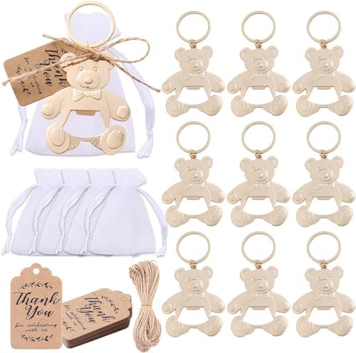 24 pcs Bear Bottle Openers Baby Shower Favors for Guests Bottle Opener Baby Shower Souvenirs Gift Decorations with Organza Bags Thank You Tags for Theme Party Favors (Gold Bear Keychain) - Image 4