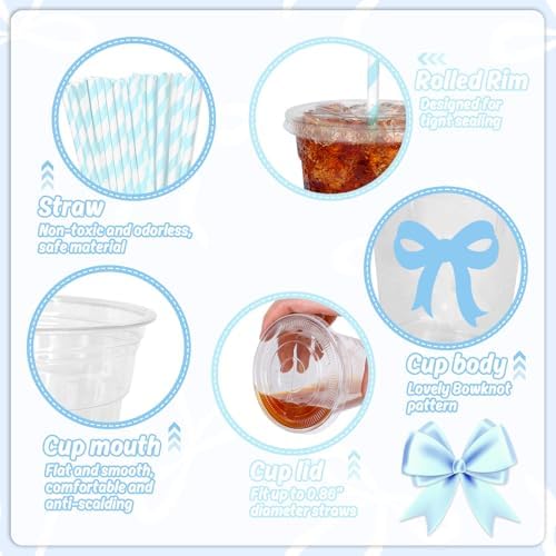 Whaline 50 Pcs Bow Disposable Plastic Cups with Lids and Straws 12 Oz Blue Bow Knot Cold Beverage Drinking Cups - Image 3
