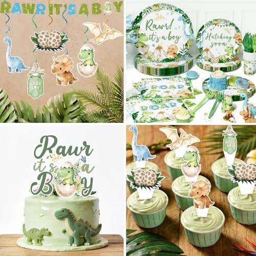 Hombae Dinosaur Baby Shower Decorations Boy, Hatching Soon Baby Shower Party Supplies with Rawr It's a Boy Tableware, Plates, Napkins, Hanging Swirls for Boys Dino Theme Party, Serves 24 - Image 3