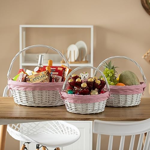 WICKERWISE Traditional White Round Willow Gift Basket with Pink and White Gingham Liner and Sturdy Foldable Handles, Food Snacks Storage Basket, Set of 3 - Image 3