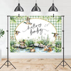 Mallard Duck Baby Shower Backdrop 8x6ft Hello Baby Mallard Duck Decorations Photography Background Green Water Meadow Plants Newborn Baby Shower Party Banner Photo Studio Prop (8x6ft) - Image 2