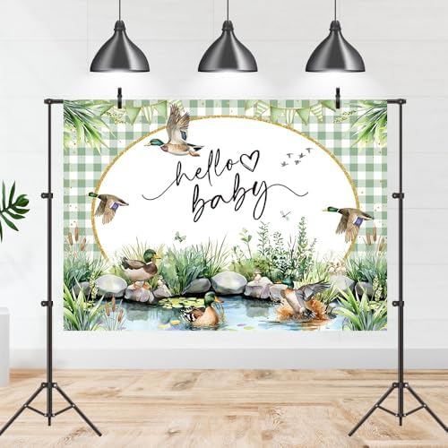 Mallard Duck Baby Shower Backdrop 8x6ft Hello Baby Mallard Duck Decorations Photography Background Green Water Meadow Plants Newborn Baby Shower Party Banner Photo Studio Prop (8x6ft) - Image 2