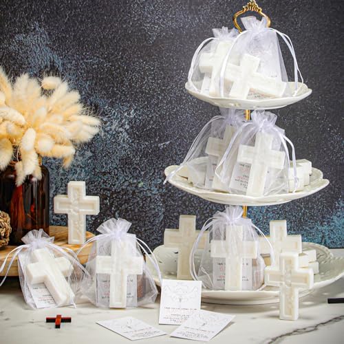 50 Pack Cross Scented Soap Baptism Favors with Cards Bags Guest Gifts,White - Image 4