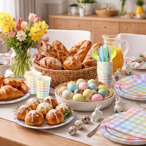 Funnymoom 400 Pcs Pastel Gingham Party Supplies for 50 Guests Pastel Pink Blue Yellow Checked Paper Plates and Napkins Cups Disposable Dinner Parties Set Cutlery for Holiday Spring Party Favor - Image 5