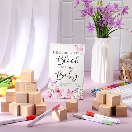 Qilery 75 Pcs Baby Shower Game Sign Kit Wood Blocks, Pink Purple, Butterfly - Image 4