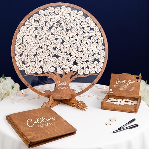 Wooden Tree Wedding Guest Book Alternative – Unique Drop Box Frame with Wooden Leaves, Rustic Wedding Decoration, Personalized Guestbook Set with Markers & Stand for Reception or Anniversary - Image 2