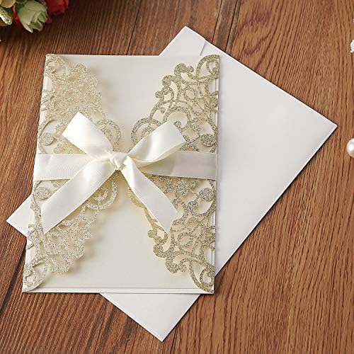 Hosmsua 20PCS Glitter Laser Cut Flora Wedding Invitation with Ribbons and Envelopes 5.12 x 7.3'' Laser Cut Invitation for Wedding Bridal Shower Engagement Sweet 16 Birthday (Champagne Glitter) - Image 4