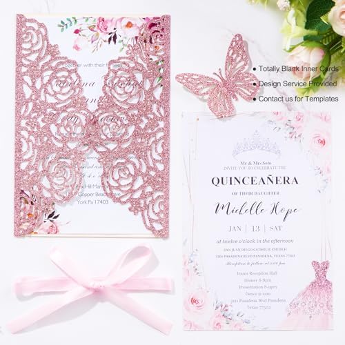 50PCS Pink Wedding Invitations Butterfly Laser Cut Invitation Blank Cards - Image 3
