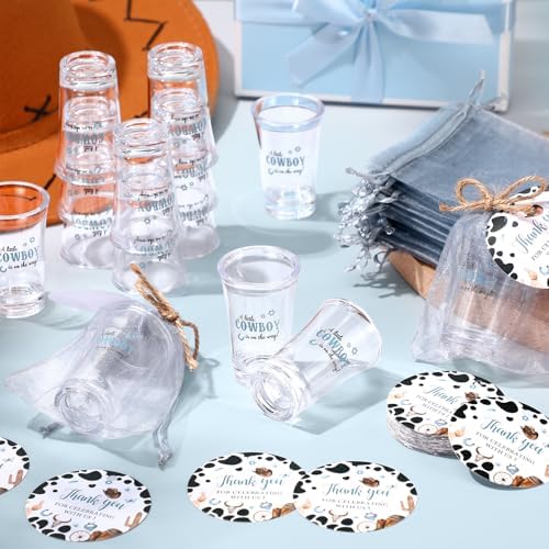 Funnymoom 50 Sets Cowboy Baby Shower Favors for Guest A Little Cowboy is on the Way Acrylic Clear Shot Glasses Thank You Cards and Twine Organza Bags for Western Baby Shower Birthday Party Decorations - Image 6