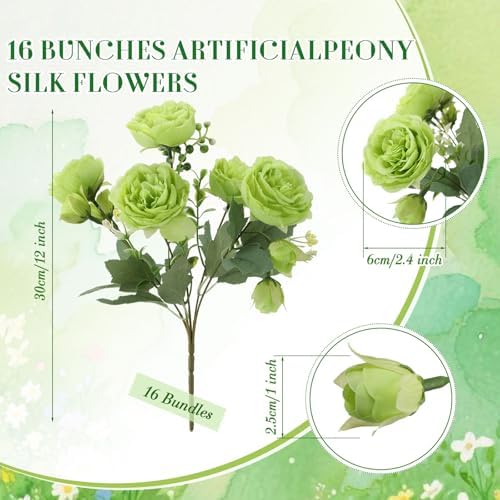 Geosar 16 Bundles Artificial Peonies Flowers,Olive Green - Image 2