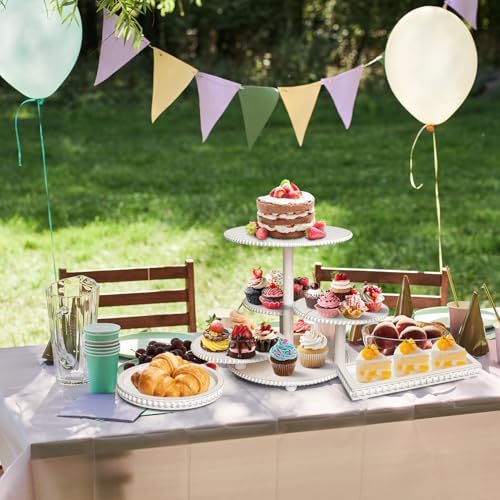 GENMOUS Wood Cake Stands Set of 3, 4 Tier Serving Tray Cupcake Stand, Beaded Rustic Dessert Tower, Round Rectangular Dessert Trays Platters for for Wedding Baby Shower Tea Party (White) - Image 7