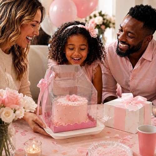 15 Pack Clear Cake Boxes 6 x 6 x 8.3 Inch, Transparent Bakery Gift Boxes with Pink Base and Ribbon, Thick PET Cake Carrier Boxes with Handle for Cupcakes Cookies Mini Cakes Wedding Birthday Party (15) - Image 7