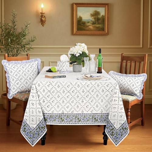 Ridhi Powder Blue Hand Block Print Cotton Rectangle Tablecloth 90 x 60 Inch - Image 2