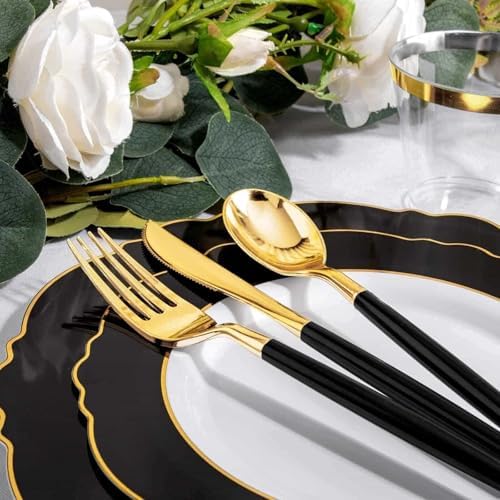 WDF 30Guest Black and Gold Plastic Plates - Gold Plastic Silverware With Black Handle Baroque Black and Gold Disposable Dinnerware for Wedding/Party/Birthday/Halloween - Image 4