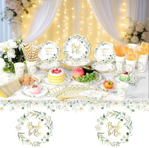 Funnymoom 452 Pcs Sage Green Bridal Shower Decorations for 50, Bride to Be Bridal Shower Paper Plates Napkins Cups Tablecloth Cutlery Straws for Eucalyptus Leaves Wedding Party Supplies - Image 6